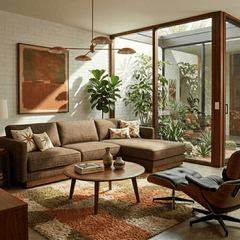 Highland Sectional in Nantes Brown fabric colorway side view - chaise sectional private label - Whats New Furniture Portland OR