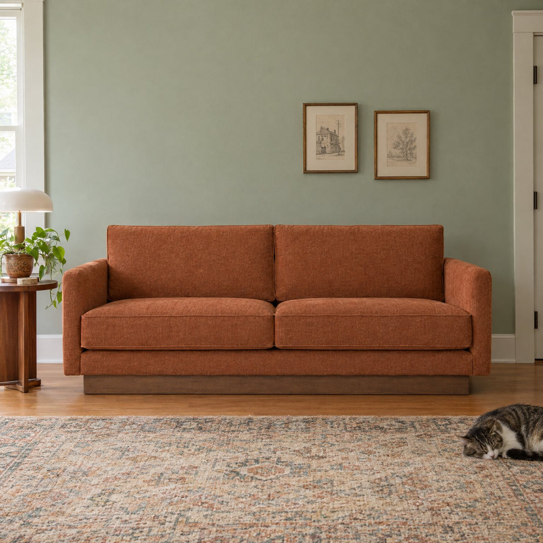 Highland Sofa in Moss Rust in a styled Portland living room - Whats New Furniture Portland OR