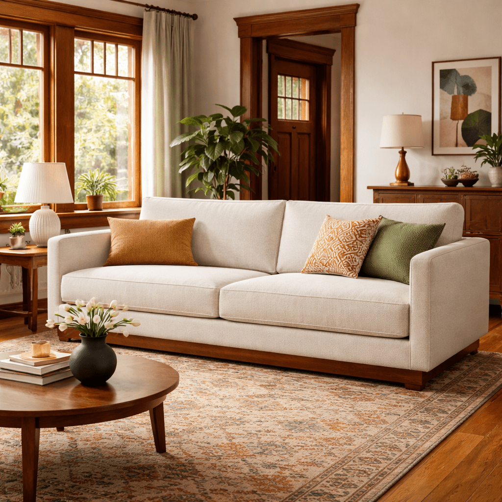 Highland Sofa in Vista Linen lifestyle setting - mid-century sofa private label - Whats New Furniture Portland OR
