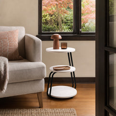Hilly 3 Tier Round Accent Side Table White And Black styled in Portland Laurelhurst Tudor cottage living room - What&