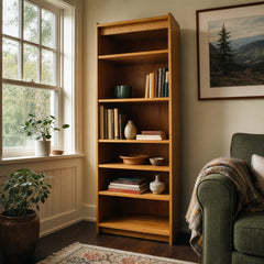 Honey oak mid-century bookcase with tall vertical shelving and clean lines - view 2
