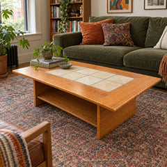 Honey Oak mid-century coffee table with a low rectangular top and simple apron in Gangso Mobler style - detail view 1