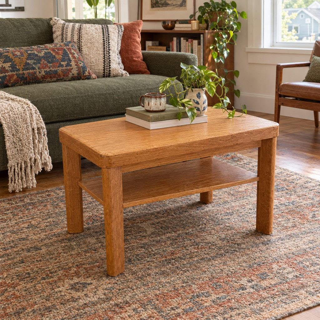 Honey oak end table in solid wood with a warm light grain and a simple rectangular top. - detail view 1