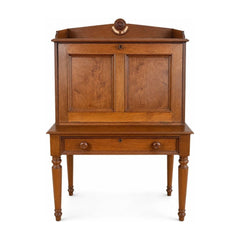 Honey Oak vintage secretary desk with drop-front writing lid and upper cabinet.