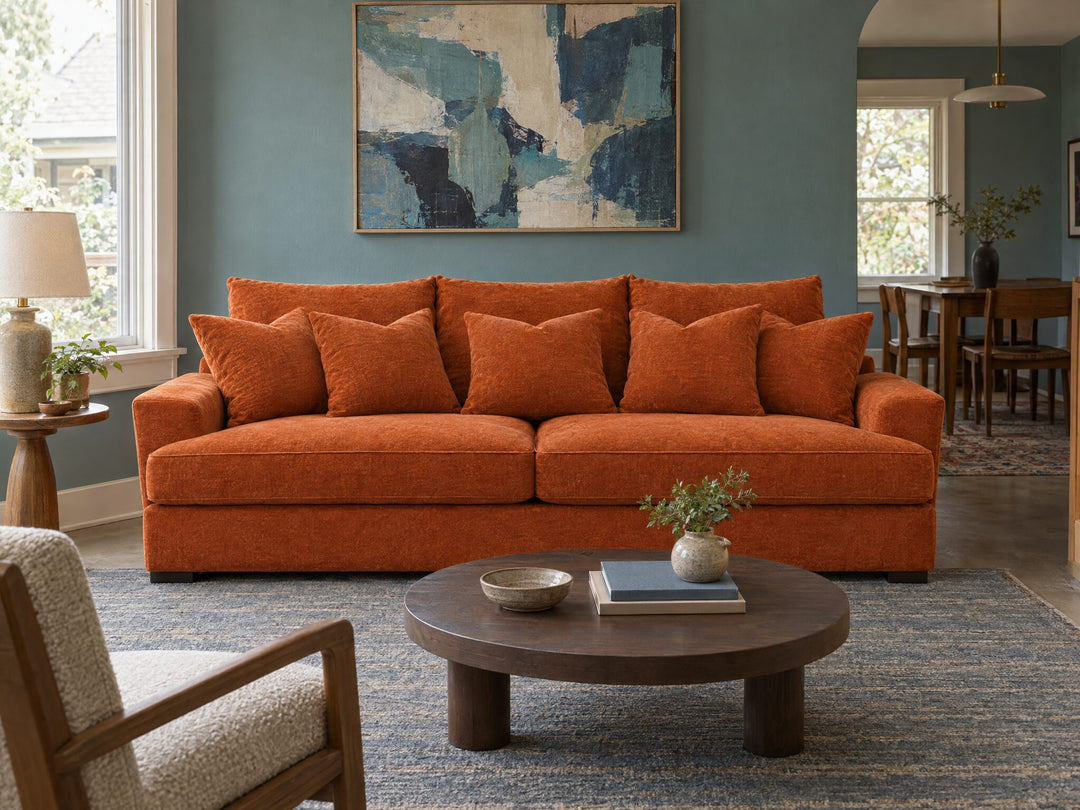 Horizon Sofa in Lush Papaya styled in a 1940s Woodstock cottage - Whats New Furniture Portland OR