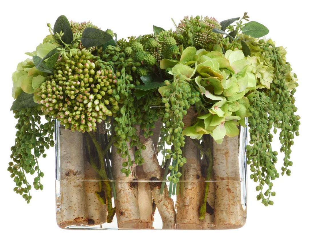 Hydrangea/Sedum Arrangement in Glass Vase in Green Glass - faux hydrangea sedum arrangement - Whats New Furniture Portland OR