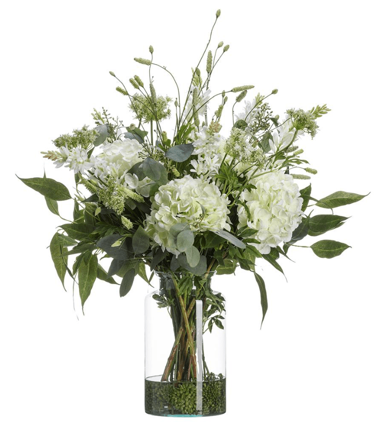 Hydrangea/Tuberose/Q.anne in Glass Vase in Cream Green - faux floral arrangement - Whats New Furniture Portland OR
