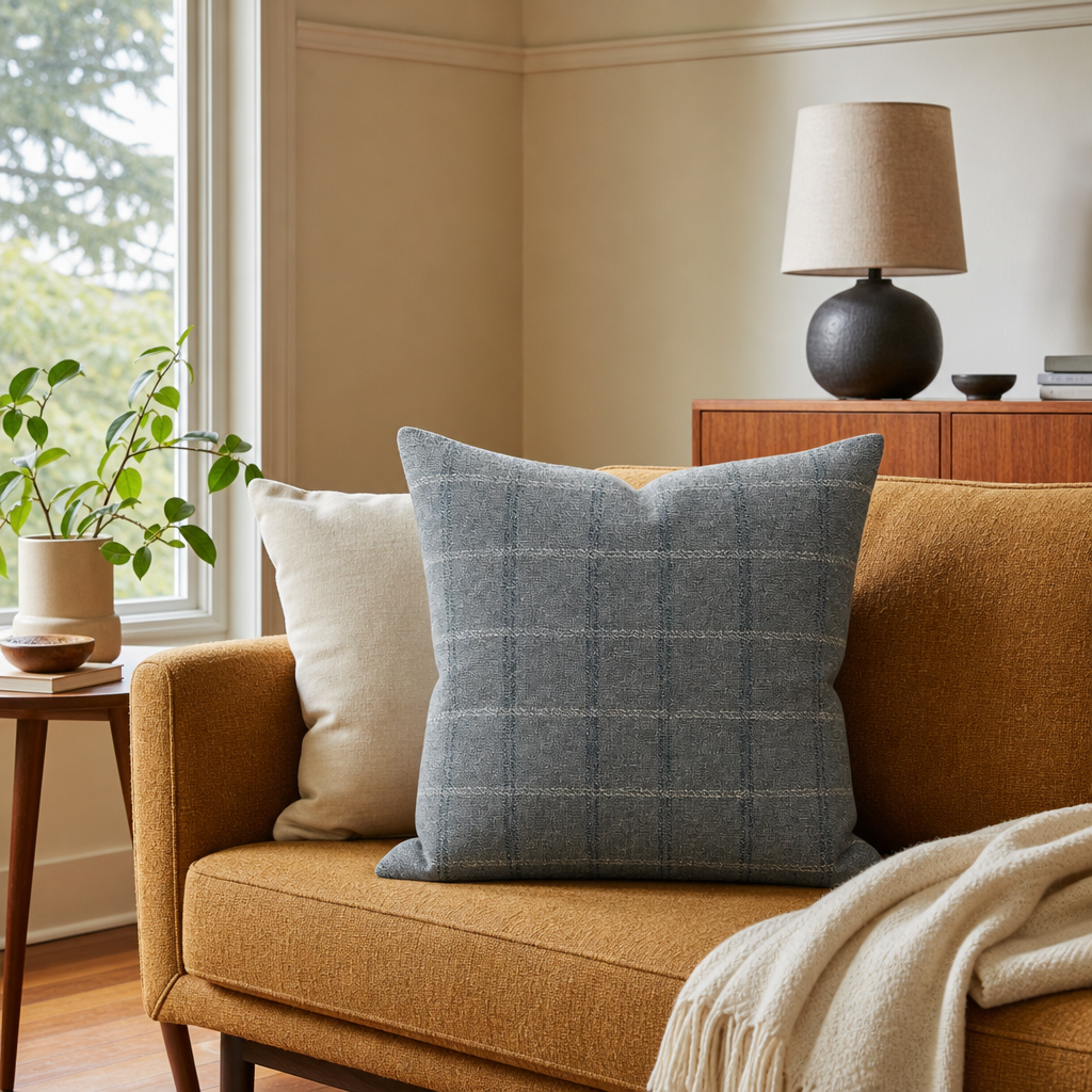 Icon Denim Windowpane Throw Pillow styled in a Portland Hawthorne bungalow living room lifestyle - Whats New Furniture