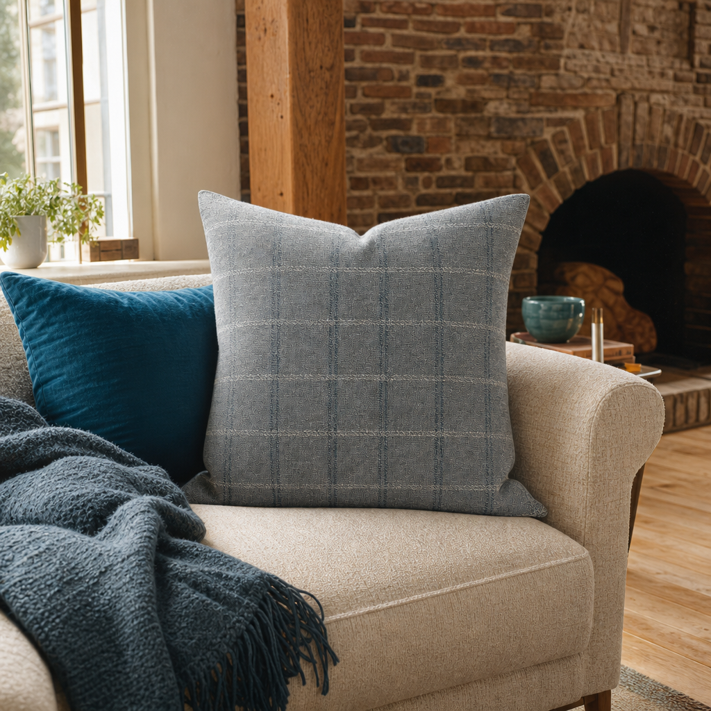 Icon Denim Windowpane Throw Pillow styled in a Portland Alberta Arts sitting room lifestyle - Whats New Furniture