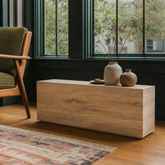 Indira Rectangle End Table in Vintage Oak styled as a sofa-back console in a Portland living room - lifestyle - What&