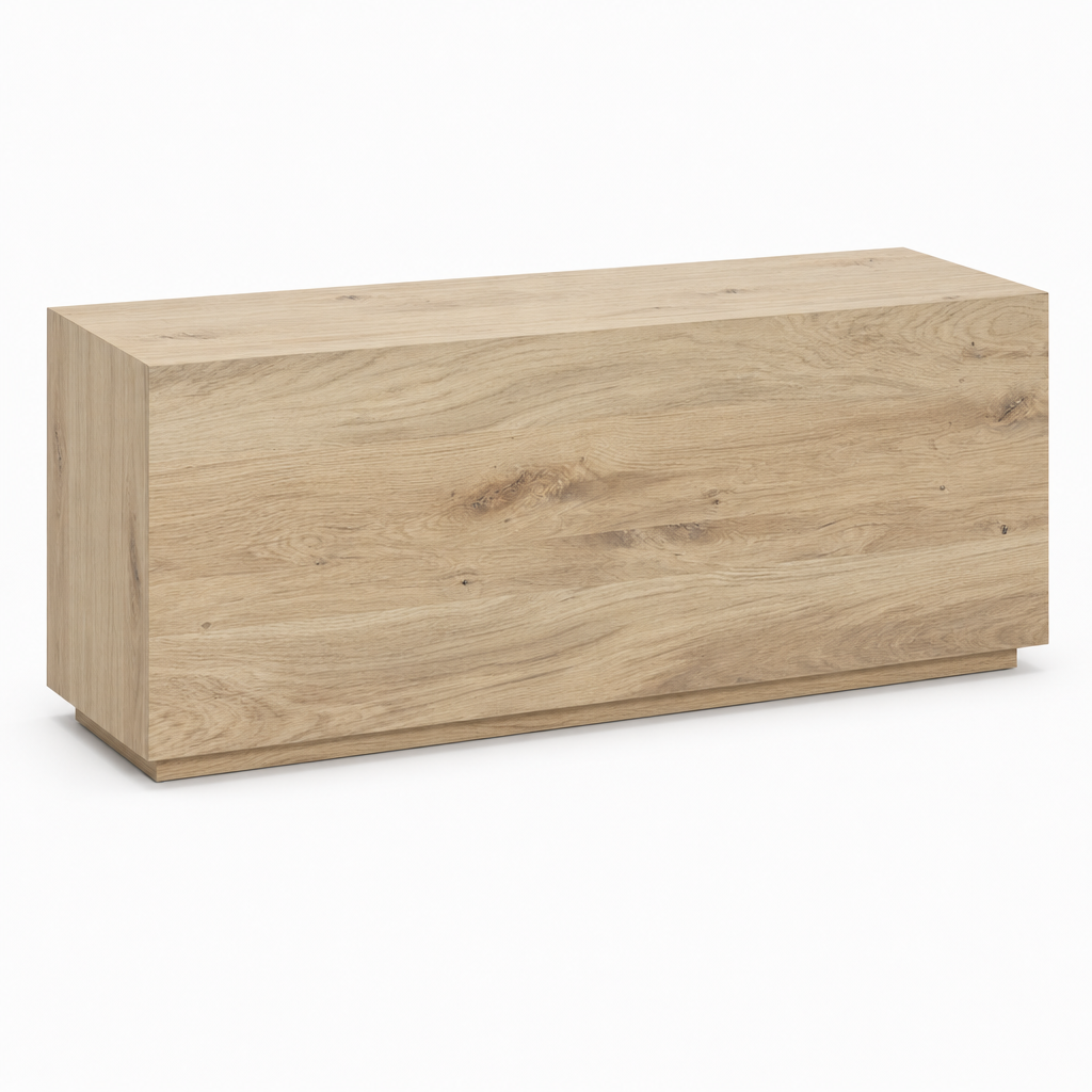 Indira Rectangle End Table in Vintage Oak three-quarter angle showing the waterfall mitre and plinth base - What&