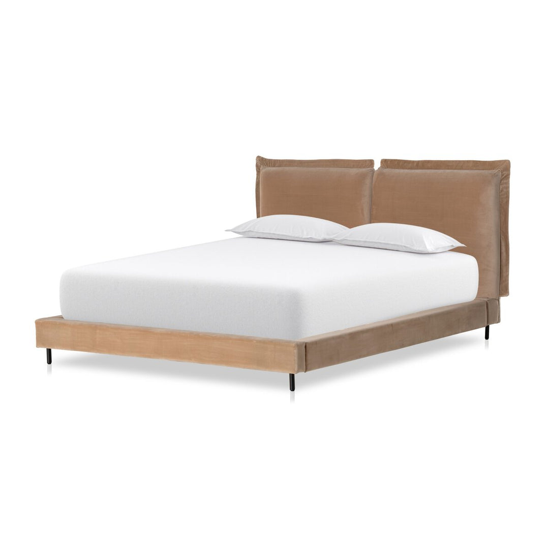 Inwood Queen Bed Frame in Surrey Taupe side angle - queen upholstered bed by Four Hands - Whats New Furniture Portland OR