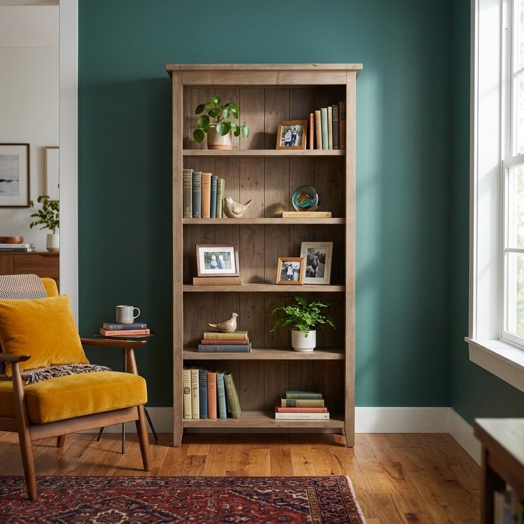 Irish Coast Bookshelf in Sundried Ash side angle - Sundried Ash 5-shelf bookcase - Whats New Furniture Portland OR