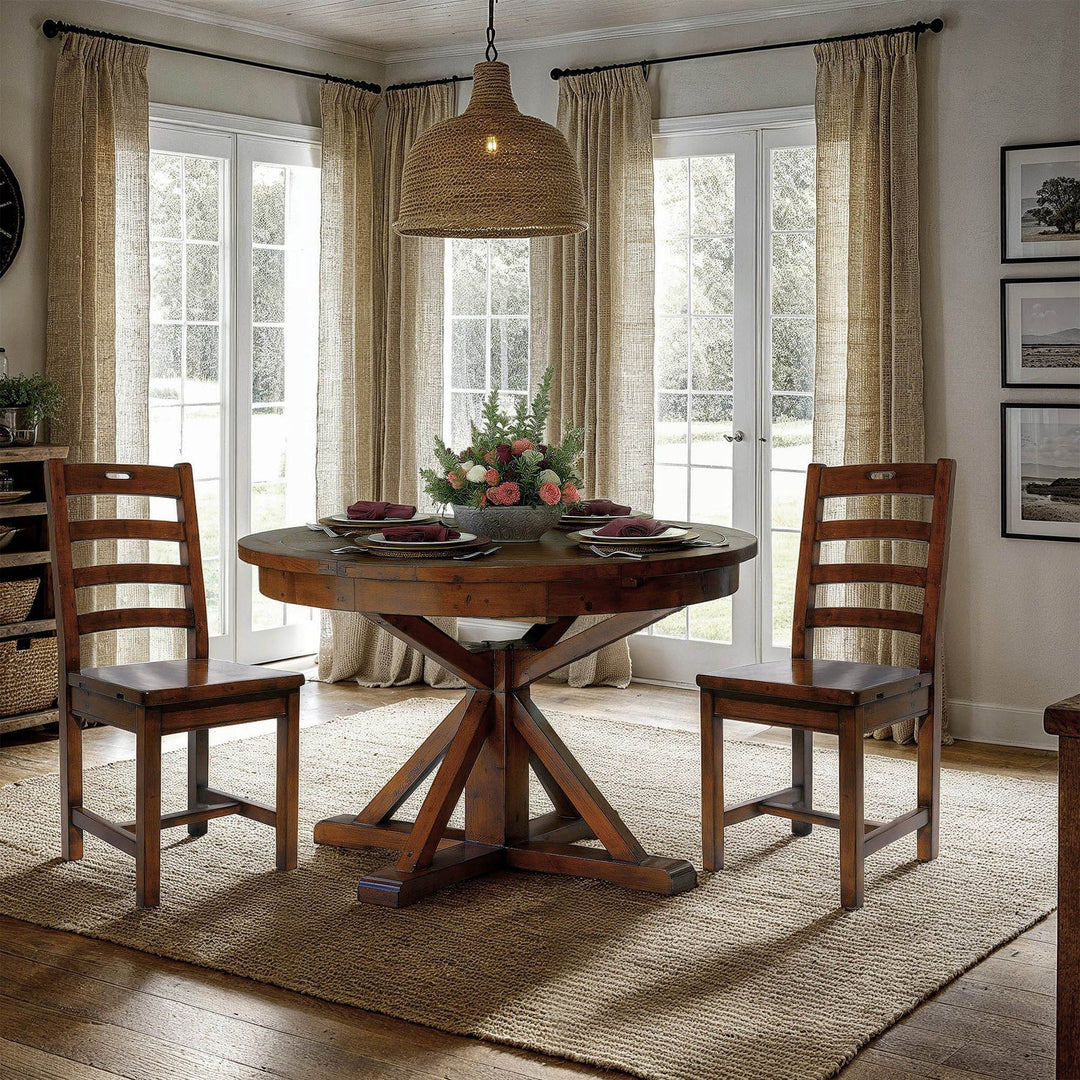 Irish Coast Round Extension Dining Table in Rustic Sundried variant dining room setting - round extension dining table by LH Imports - Whats New Furniture Portland OR
