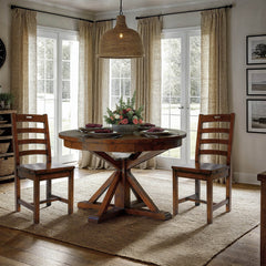Irish Coast Round Extension Dining Table in Rustic Sundried variant dining room setting - round extension dining table by LH Imports - Whats New Furniture Portland OR