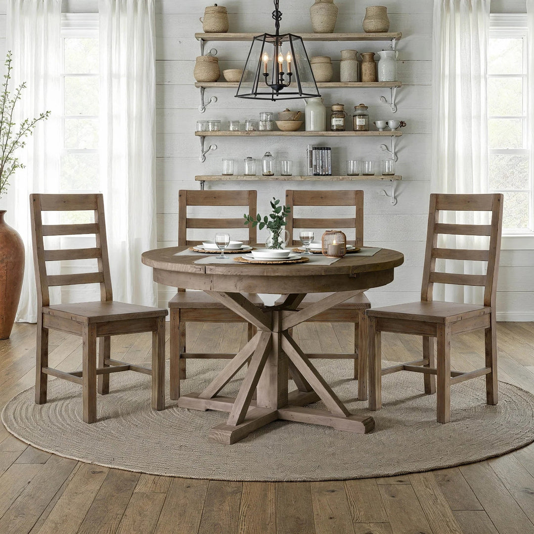 Irish Coast Round Extension Dining Table in Sundried dining room setting - round extension dining table by LH Imports - Whats New Furniture Portland OR
