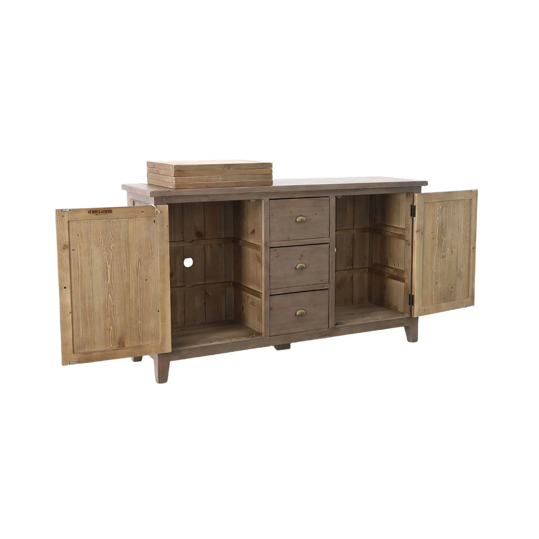 Irish Coast Large Sideboard in Sundried open storage side angle - reclaimed wood sideboard by LH Imports - Whats New Furniture Portland OR