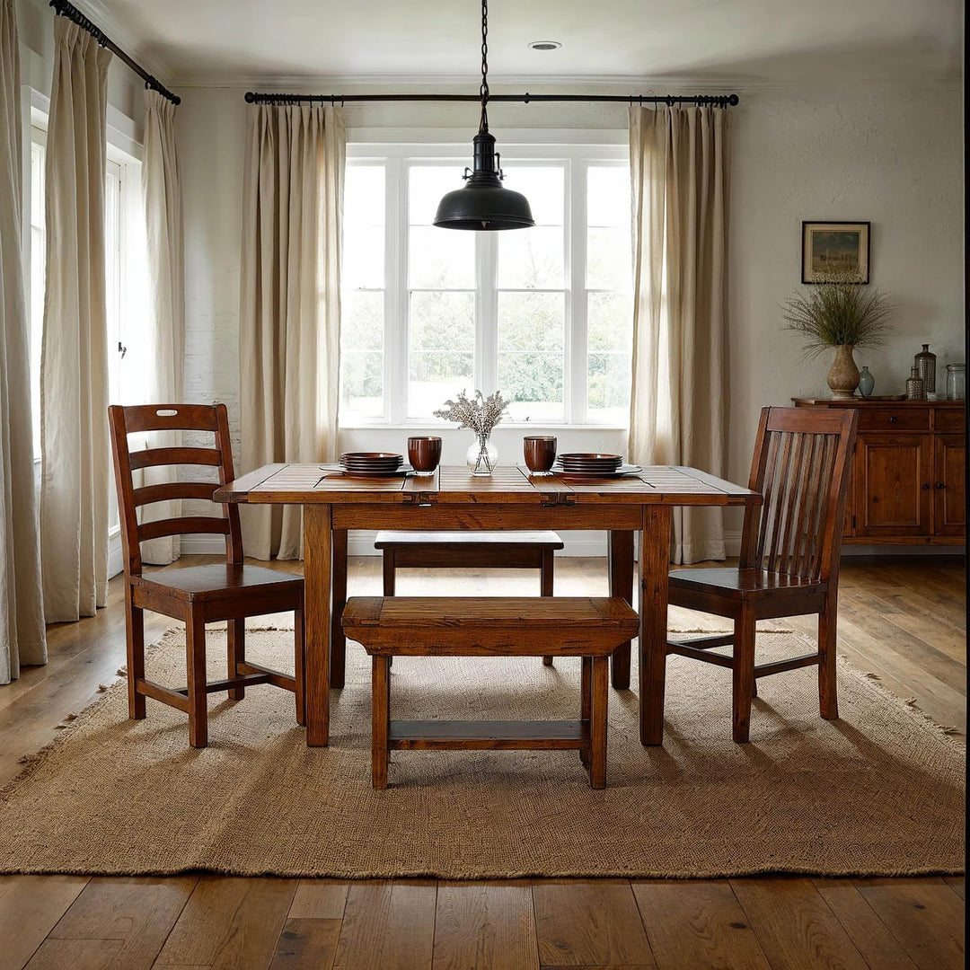 Irish Coast Small Bench in African Dusk dining room setting - reclaimed wood bench by LH Imports - Whats New Furniture Portland OR