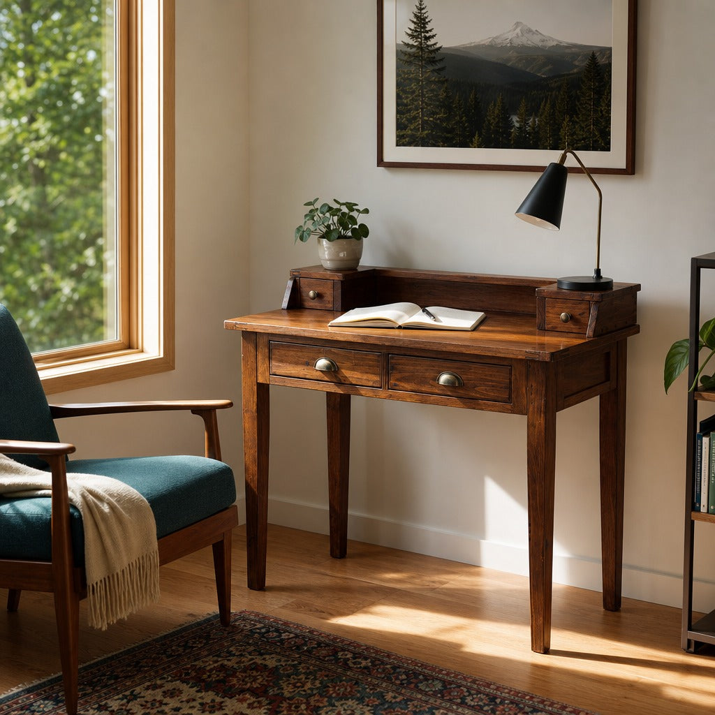 Irish Coast Writing Bureau in African Dusk styled in Portland Mt. Tabor mid-century daylight ranch home office - Whats New Furniture