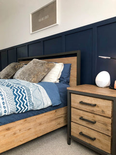 Irondale Nightstand in Mocha Grey lifestyle setting - three drawer nightstand by LH Imports - Whats New Furniture Portland OR