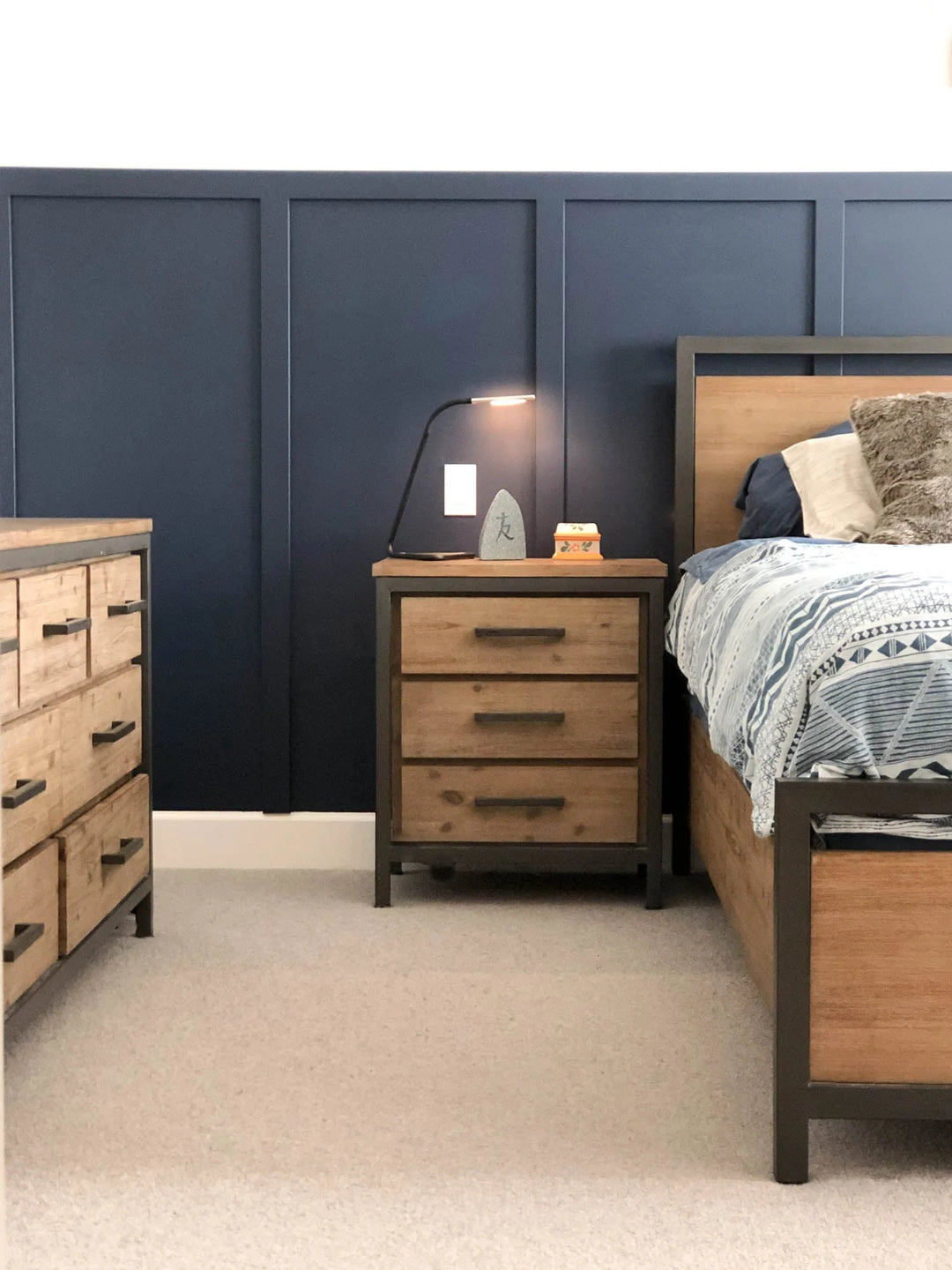 Irondale Nightstand in Mocha Grey secondary lifestyle setting - three drawer nightstand by LH Imports - Whats New Furniture Portland OR