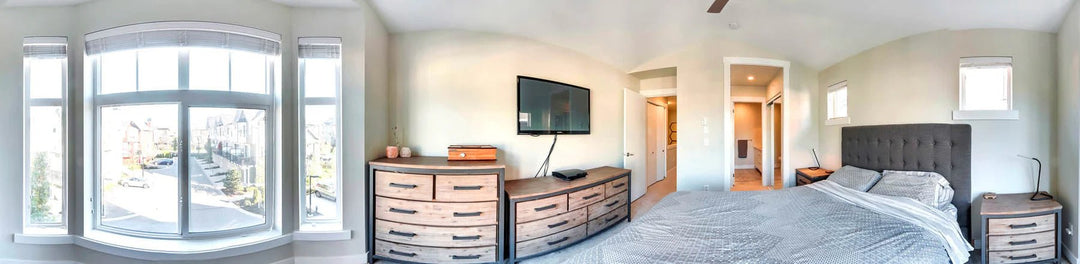 Irondale Nightstand in Mocha Grey showroom room setting - three drawer nightstand by LH Imports - Whats New Furniture Portland OR