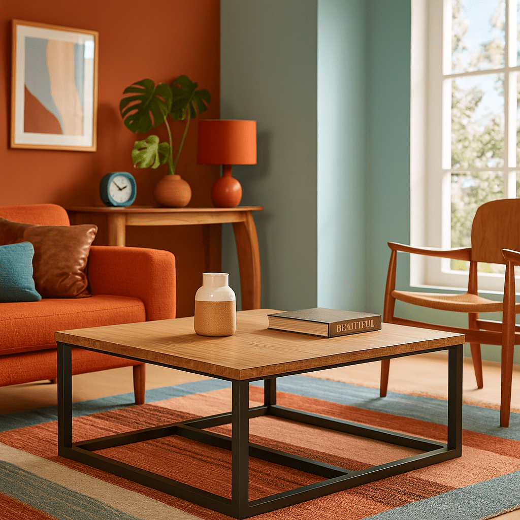 Irondale Square Coffee Table in Mocha Grey lifestyle setting - oak and steel square coffee table by LH Imports - Whats New Furniture Portland OR