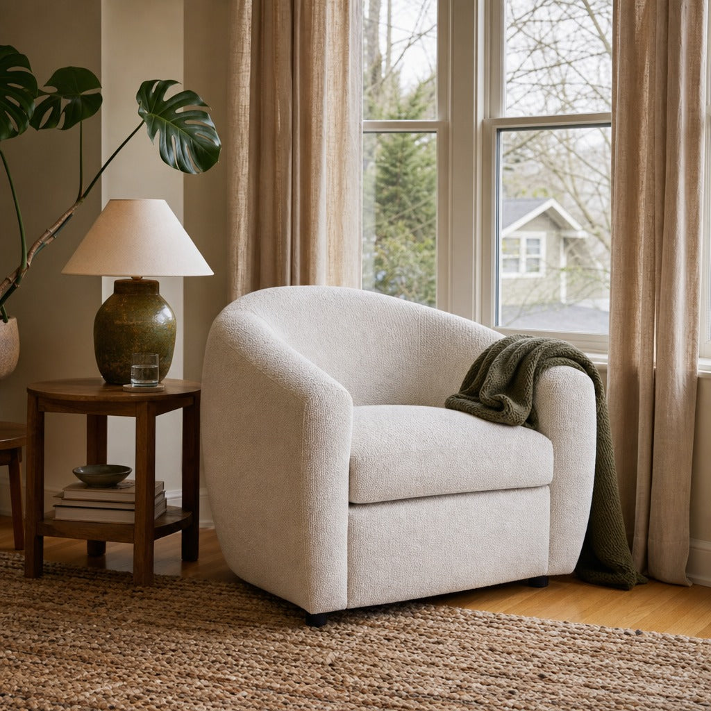 Isabella Fabric Upholstered Accent Chair Sand styled in Portland Sellwood cottage living room - What&