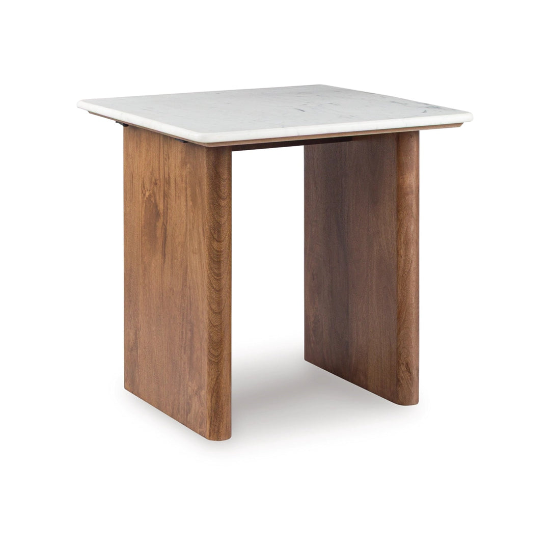 Isanti End Table in Marble Mango Wood side angle - marble mango wood end table by Ashley - Whats New Furniture Portland OR
