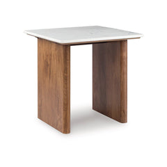 Isanti End Table in Marble Mango Wood side angle - marble mango wood end table by Ashley - Whats New Furniture Portland OR