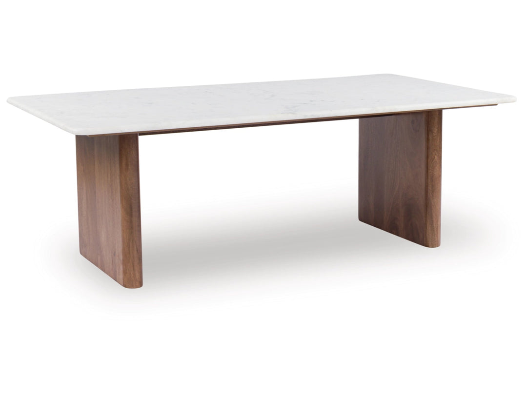 Isanti Rectangular Coffee Table in white &amp; brown side angle - marble and mango wood coffee table by Ashley - Whats New Furniture Portland OR