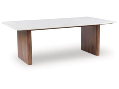 Isanti Rectangular Coffee Table in white &amp; brown side angle - marble and mango wood coffee table by Ashley - Whats New Furniture Portland OR
