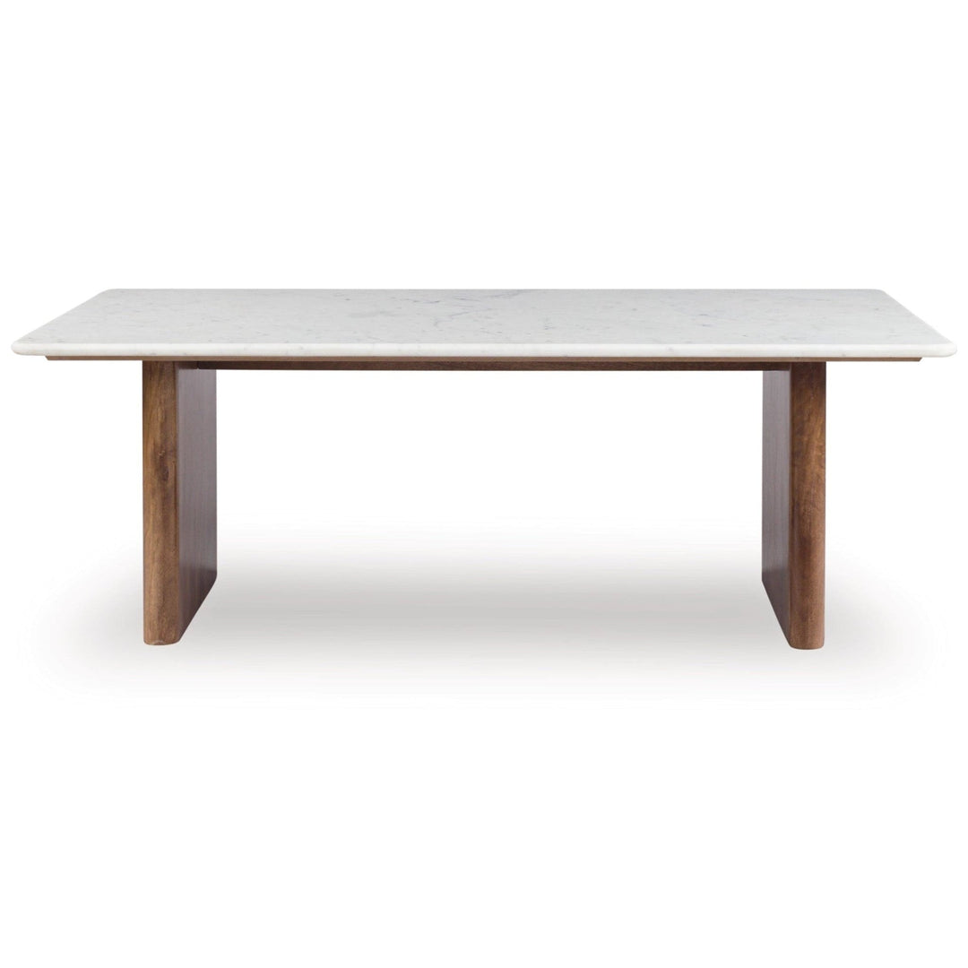 Isanti Rectangular Coffee Table in white &amp; brown - marble and mango wood coffee table by Ashley - Whats New Furniture Portland OR