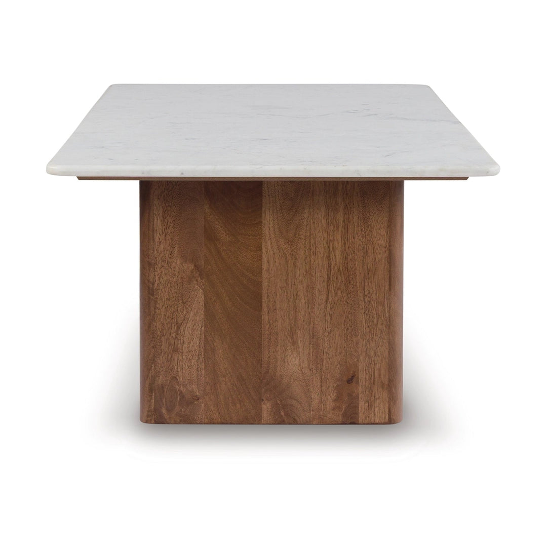 Isanti Rectangular Coffee Table in white &amp; brown side view - marble and mango wood coffee table by Ashley - Whats New Furniture Portland OR