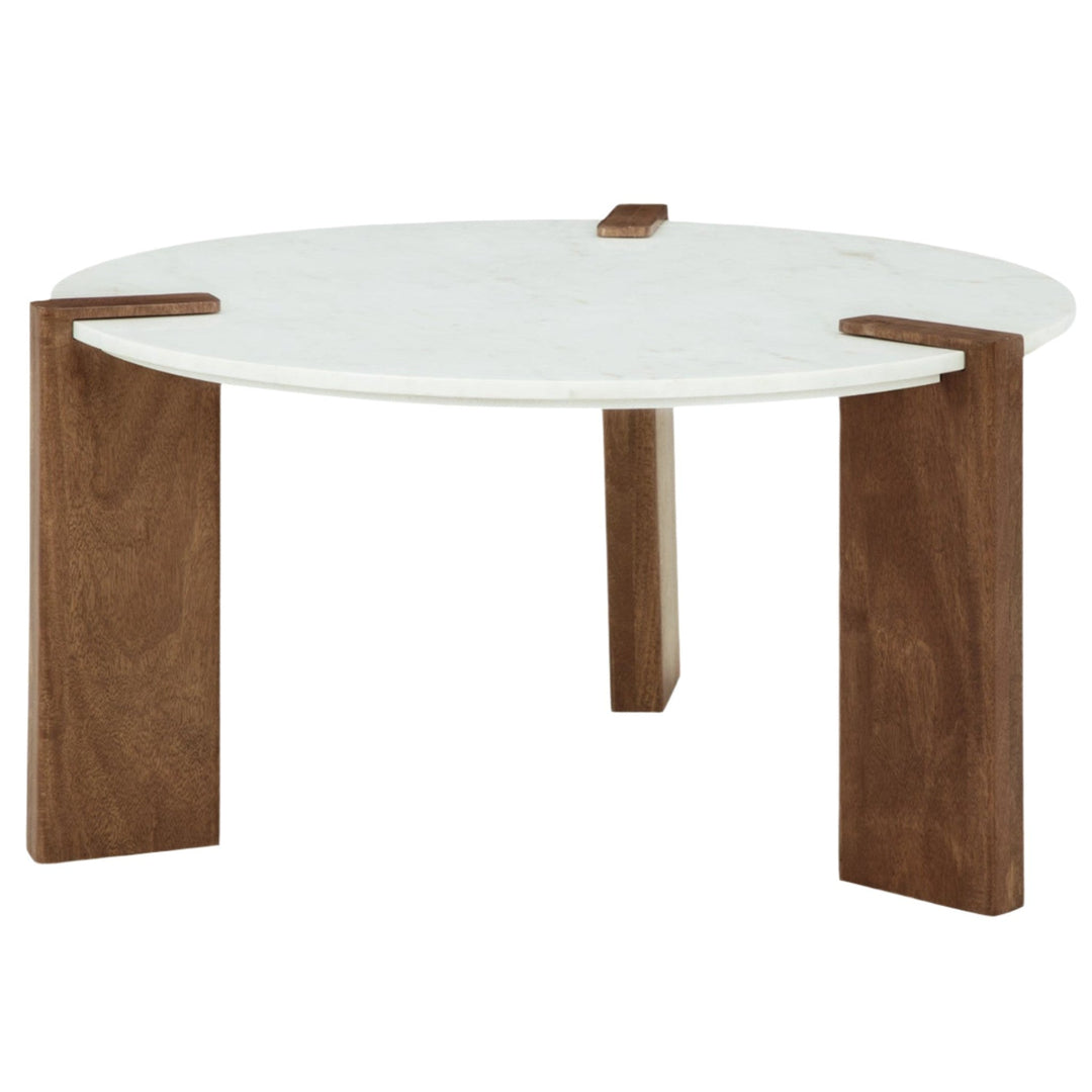 Isanti Round Coffee Table in White/Brown - round marble coffee table by Ashley - Whats New Furniture Portland OR