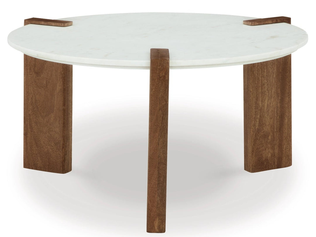 Isanti Round Coffee Table in White/Brown side view - round marble coffee table by Ashley - Whats New Furniture Portland OR