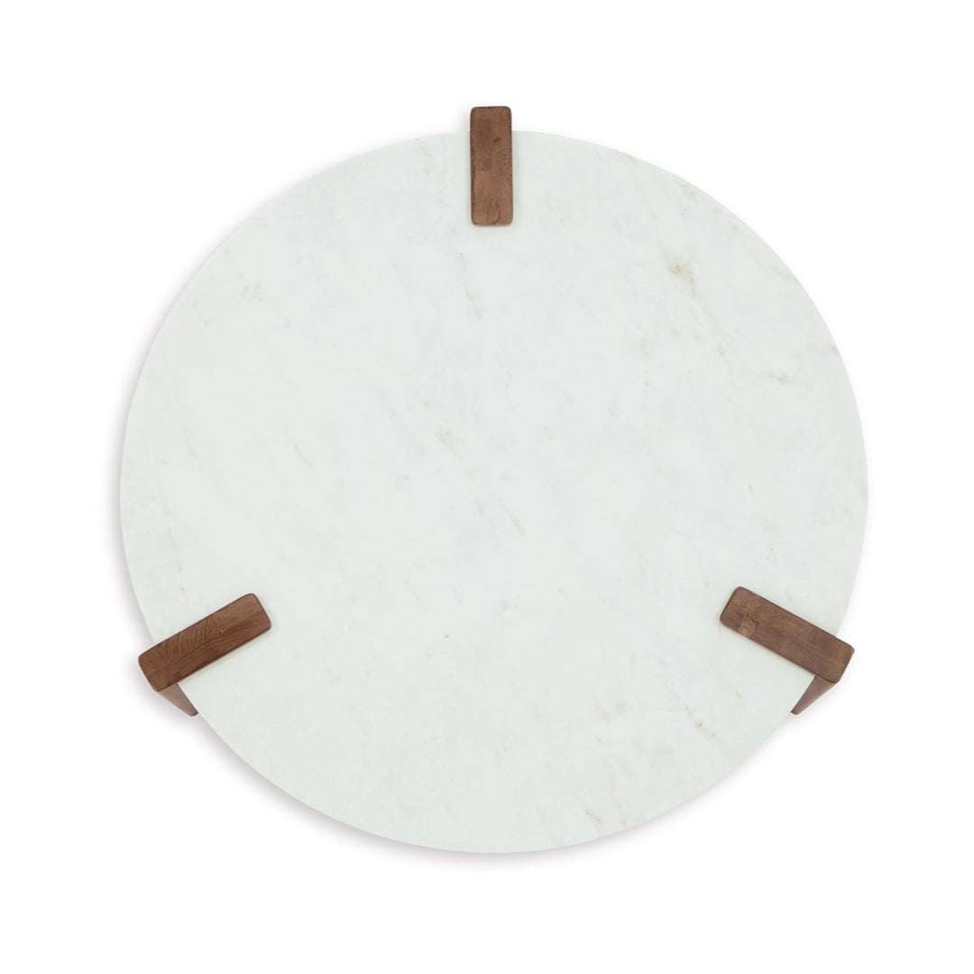 Isanti Round Coffee Table in White/Brown top-down view - round marble coffee table by Ashley - Whats New Furniture Portland OR