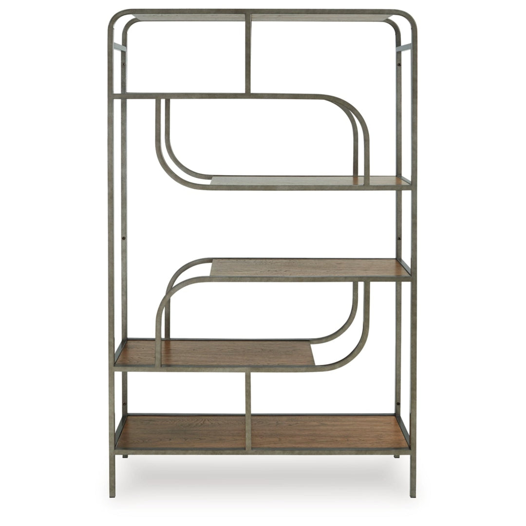 Jaddon Bookcase in brown side angle - 5-shelf sculptural metal bookcase by Ashley - Whats New Furniture Portland OR
