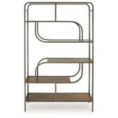 Jaddon Bookcase in brown side angle - 5-shelf sculptural metal bookcase by Ashley - Whats New Furniture Portland OR