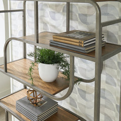 Jaddon Bookcase in brown detail view - 5-shelf sculptural metal bookcase by Ashley - Whats New Furniture Portland OR