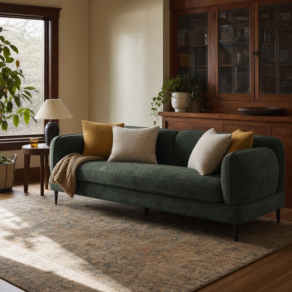 Jade Chenille Upholstered Modern Track Arm Sofa Green styled in Portland St. Johns bungalow living room - What&