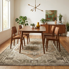 The Theo04 Area Rug in a mid-century modern Portland dining room under wooden table - Whats New Furniture