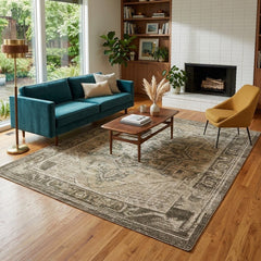 The Theo04 Area Rug styled in a bright Portland mid-century modern living room - Whats New Furniture
