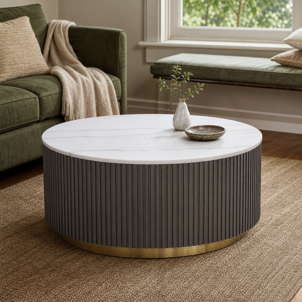 Jason Round White Marble Top Coffee Table Charcoal styled in Portland Sellwood cottage living room - What&