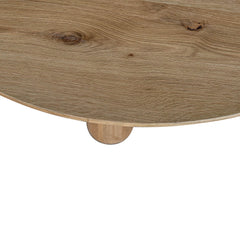Jasper Round Dining Table detail view of natural oak wood finish and block leg construction - Whats New Furniture Portland OR