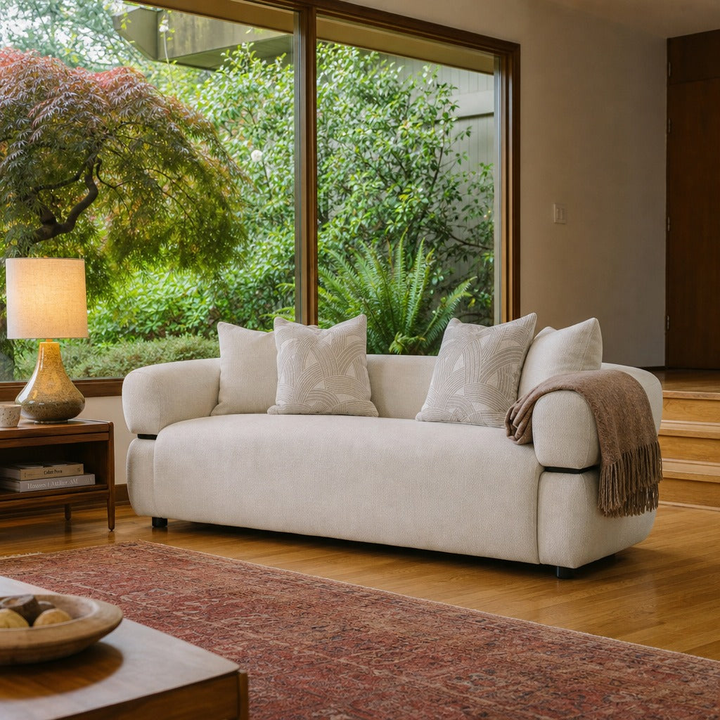 Jeanette 84 Inch Fabric Upholstered Round Arm Sofa Beige styled in Portland Mt. Tabor mid-century daylight ranch living room - What&
