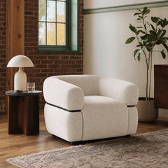 Jeanette Fabric Upholstered Round Arm Accent Chair Beige styled in Portland converted warehouse flat with warm exposed brick and fir timber beams (no steel, no concrete) living room - What&