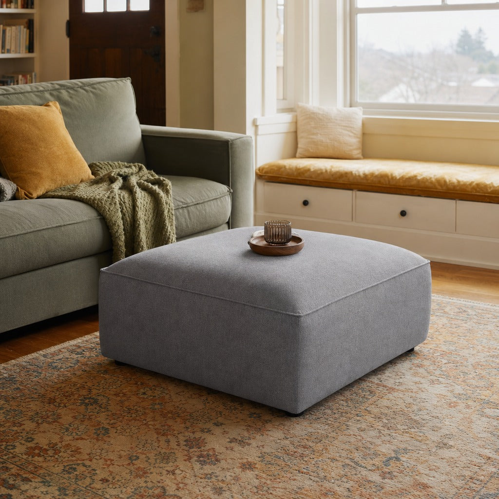Jennifer Square Upholstered Ottoman Grey styled in Portland St. Johns bungalow living room - What&