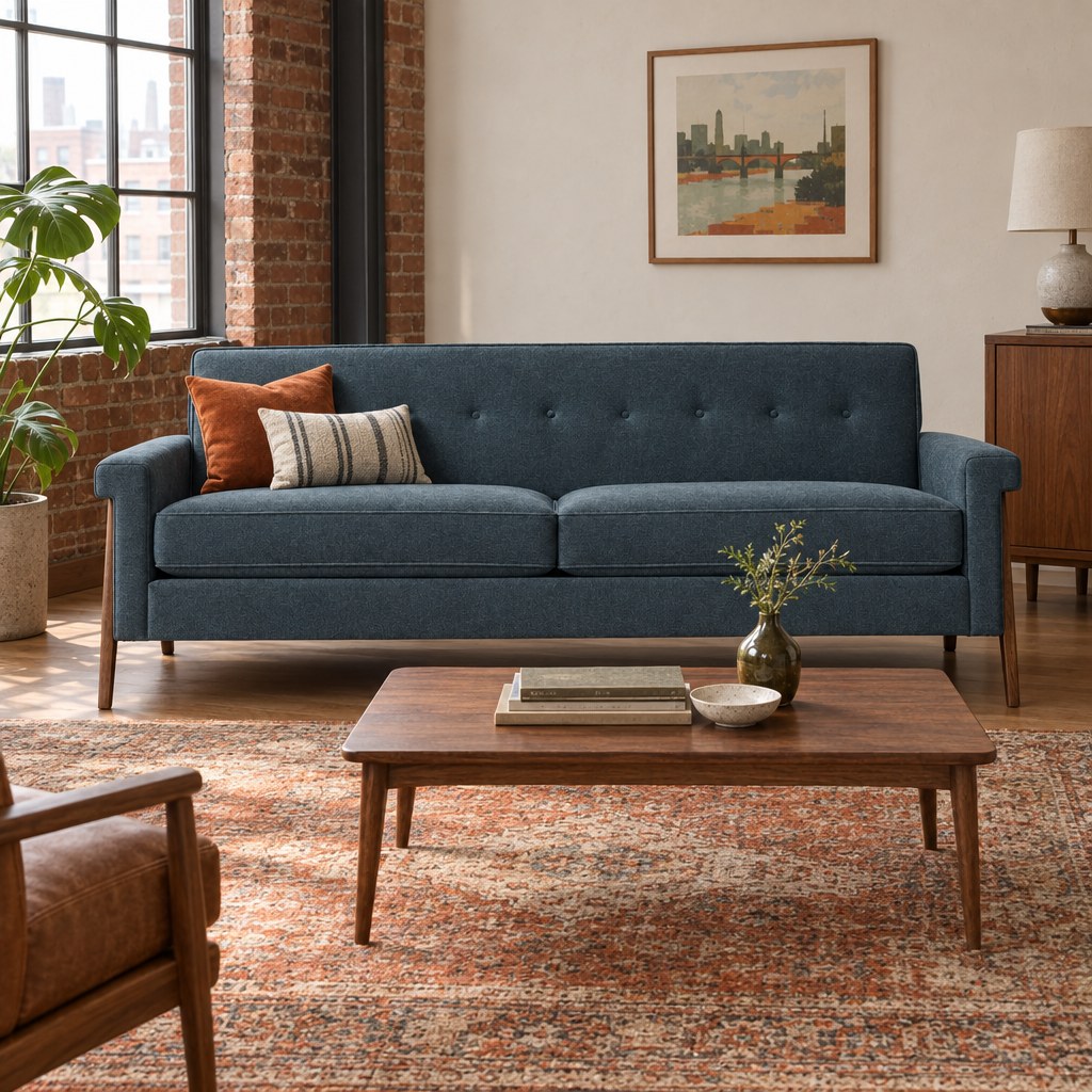 Jesper Sofa in Ethan Lagoon in a Pearl District loft living room - Whats New Furniture Portland OR