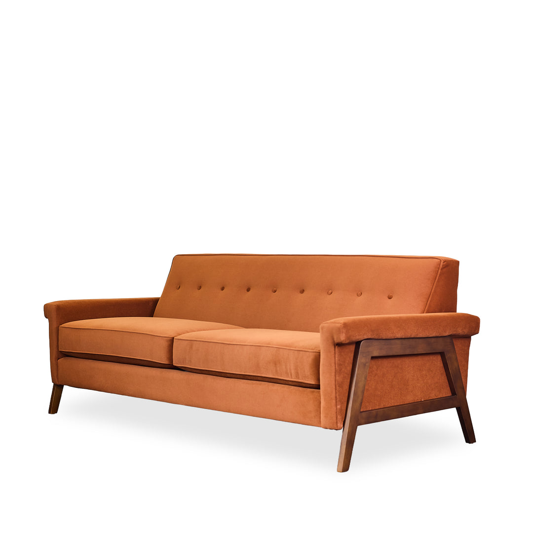 Jesper Sofa in Julia Cinder side angle - mid-century sofa with walnut legs by Stylus - Whats New Furniture Portland OR